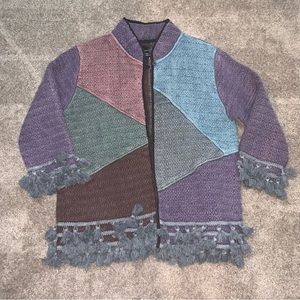 Sacred Threads S/M cotton multi-color jacket, blue fringe&single button close